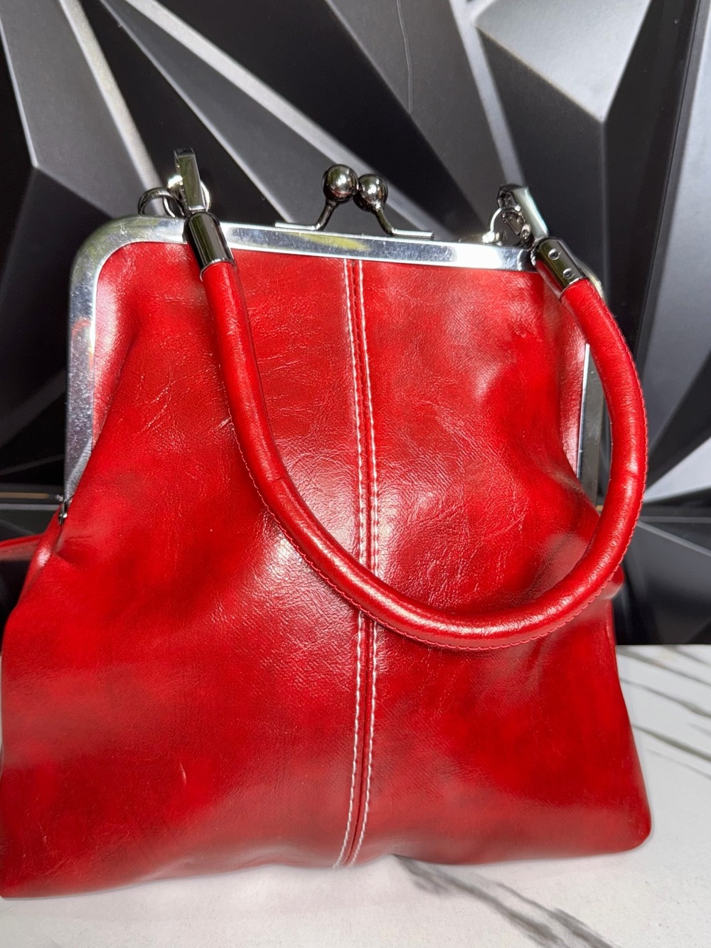 Red Frame-Top Wristlet Clutch in Smooth Leather